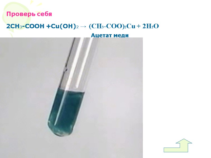 Проверь себя 2СН3-СООН +Сu(OH)2 →  (СН3-СОО)2Сu + 2H2O Ацетат меди